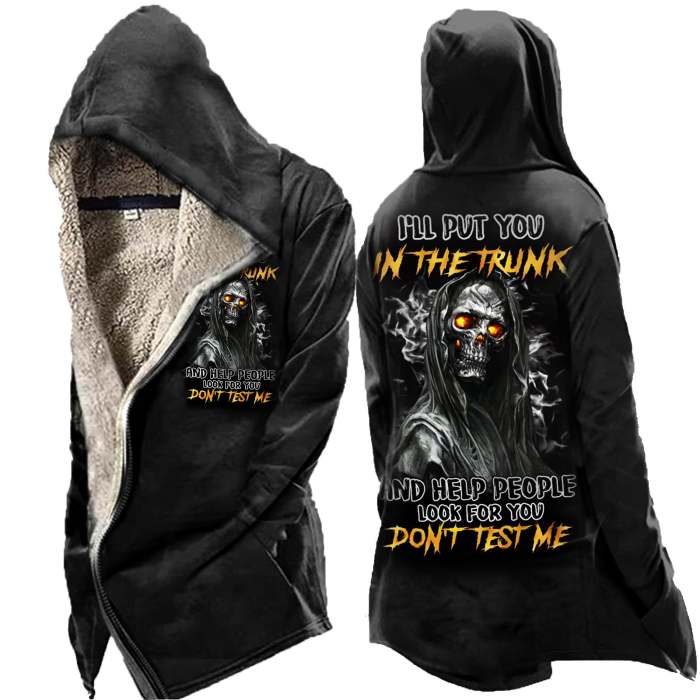 Men's Plush Zipper Skull Trunk Comic Print Fleece Hooded Jacket