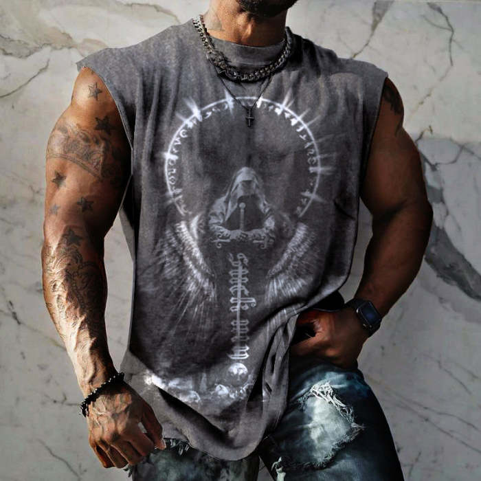 Men's Creative Printing Dark Retro Fashion Casual Cap Sleeve Shirt