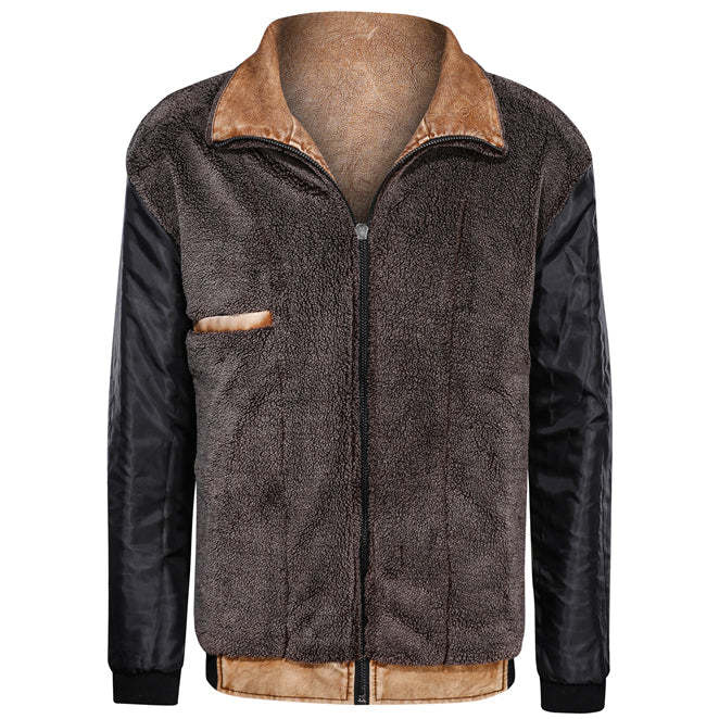 Men's Retro Thermal Fleece Thick Lapel Leather Jacket