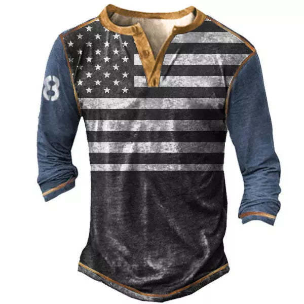 Men's American Flag Print Vintage Long Sleeve T-Shirt