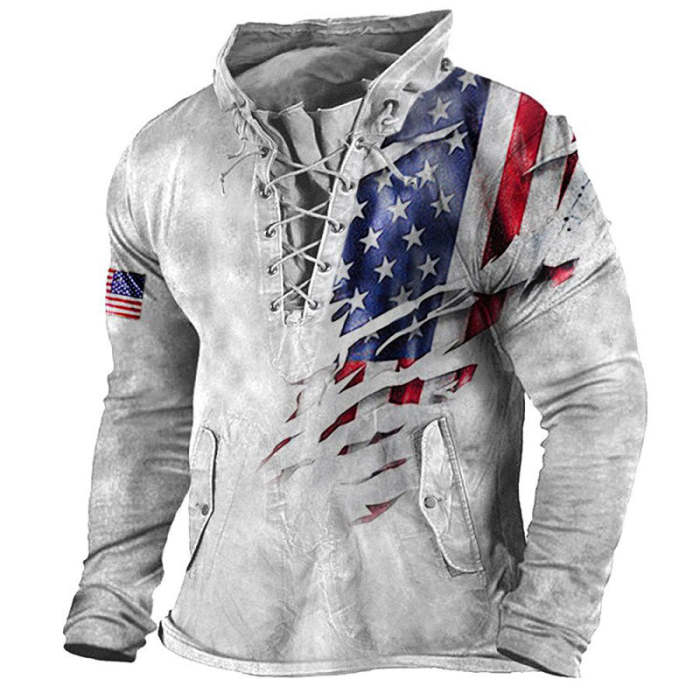 Men Vintage Lace-Up American Flag Printed Pullover Top