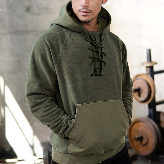 Men's Casual Lace-Up Solid Color Pullover Hoodie