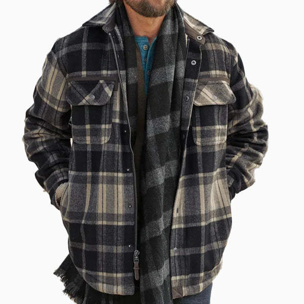 Men's Vintage Lapel Zip Up Grey Plaid Flannel Shirt Jacket