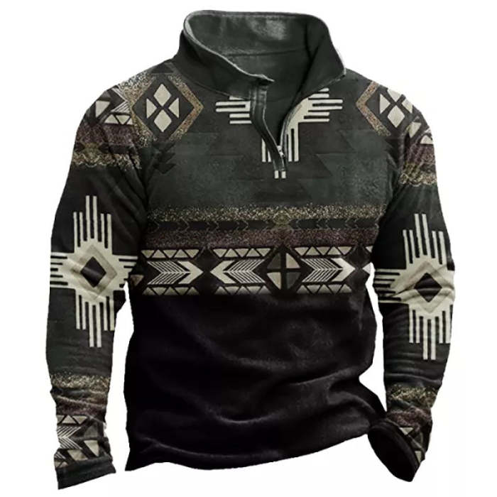 Mens Aztec Zipper Fall And Winter Lapel Sweatshirt