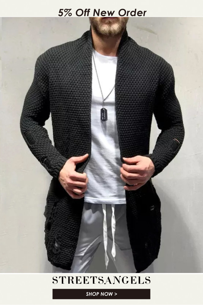 Men's Ripped Open Front Knit Casual Long Cardigan