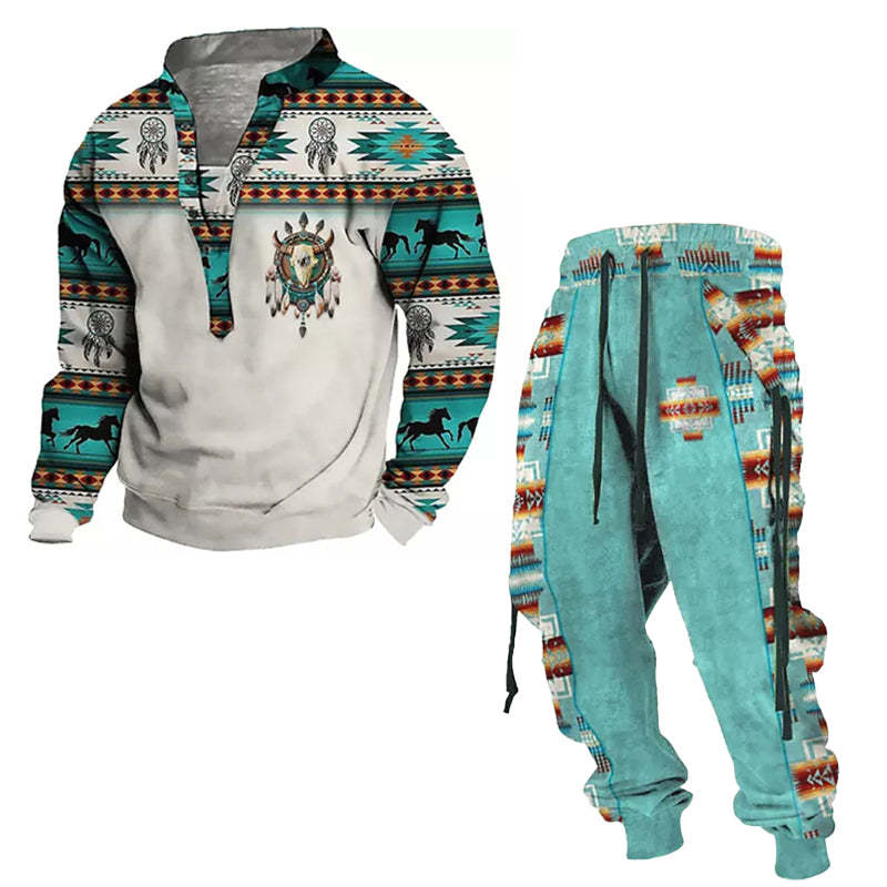 Men's Hooded Lace Up Nationality Print Sweatshirt Elastic Pants Two Piece Set