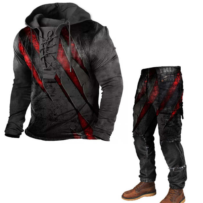 Mens Hooded Lace Up Sweatshirt Jeans Red Crack Print Two Piece Set