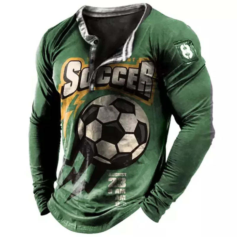 Mens Vintage Soccer Graphic Printed Henley Long Sleeve T-Shirt