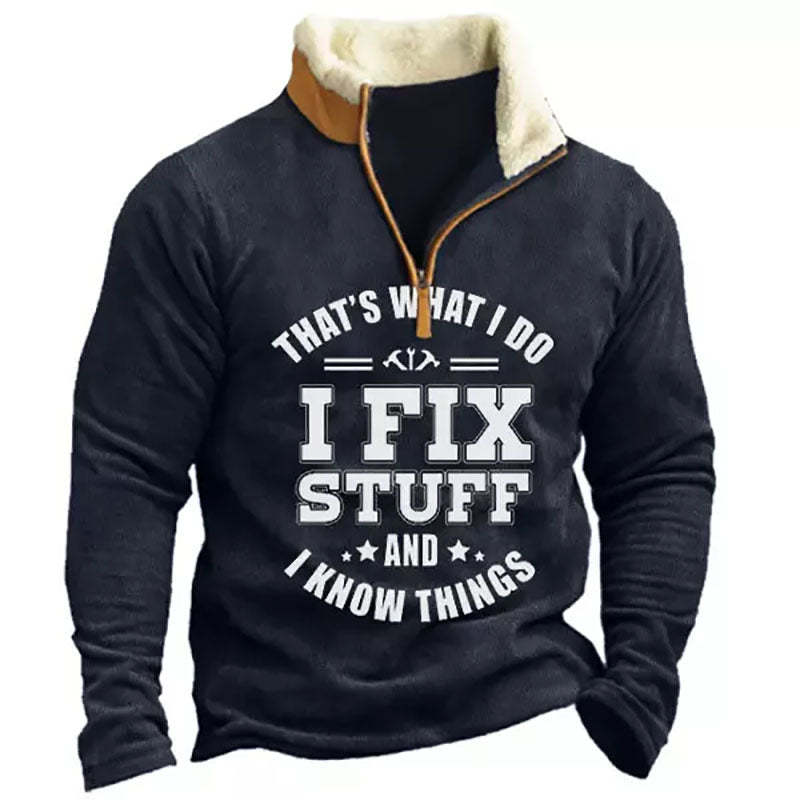 Mens Outdoor Letter Printed Fleece Stand Collar Zipper Sweatshirt