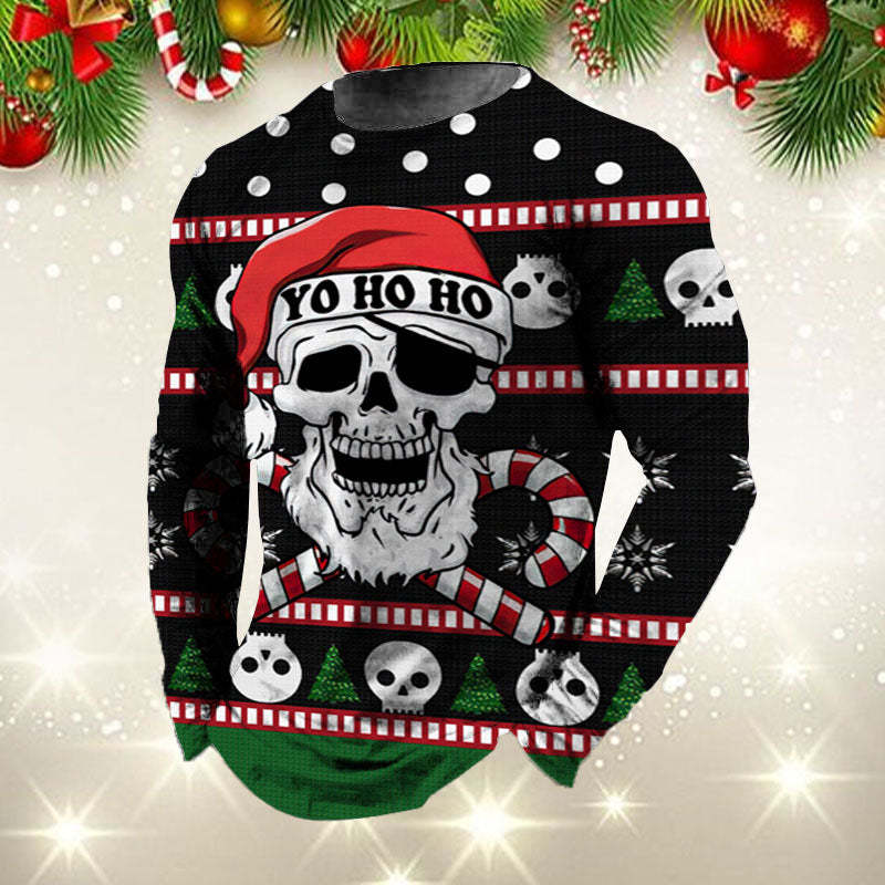 Men's Ugly Christmas Santa Skulls Pirate Printed Crew Neck Long Sleeve T-Shirt