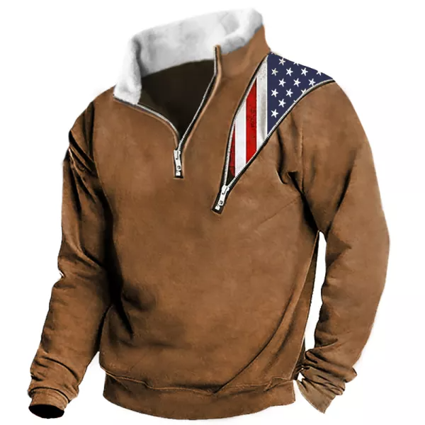 Men's Retro Shirt American Flag Print Colorblock Zipper Plush Turtleneck Tactic Sweatshirt