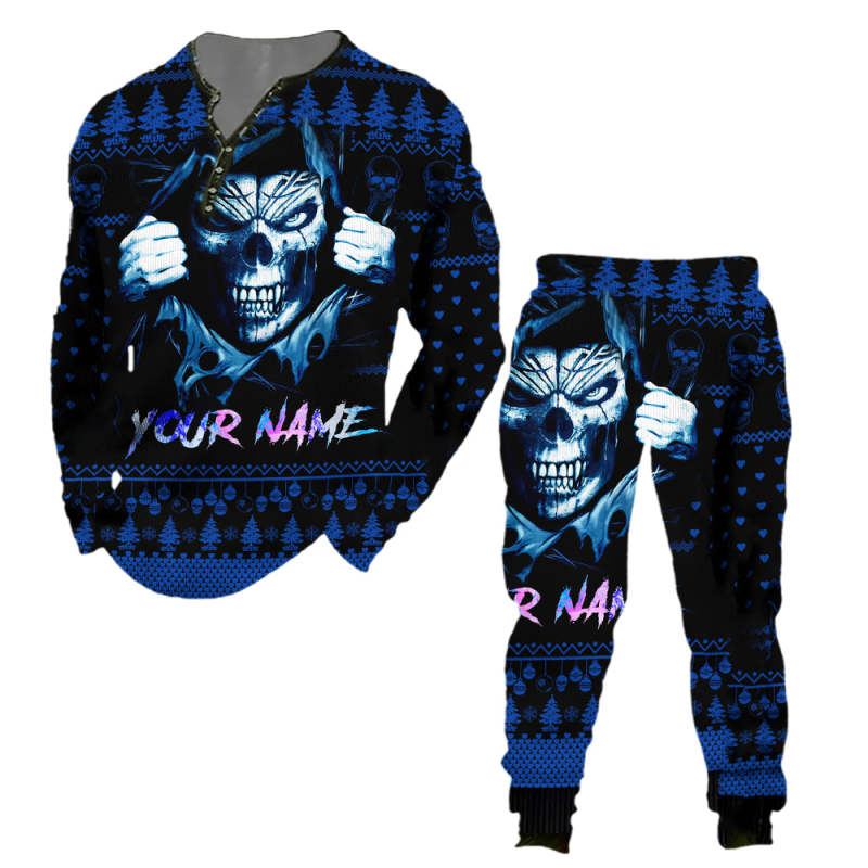 Men's Pullover Top Skull Ethnic Your Name Letter Printed Long Sleeve Round Neck Shirt Pants Matching Set