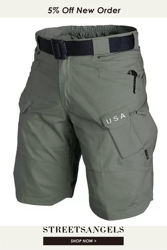 Men's Cargo Hiking Shorts Elastic Waist Multiple Pockets Knee Length Pants Breathable Mid Waist
