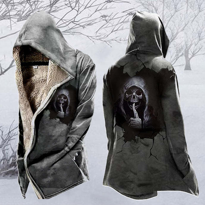 Mens Vintage 3D Skull Print Tactical Zipper Hooded Fleece Jacket