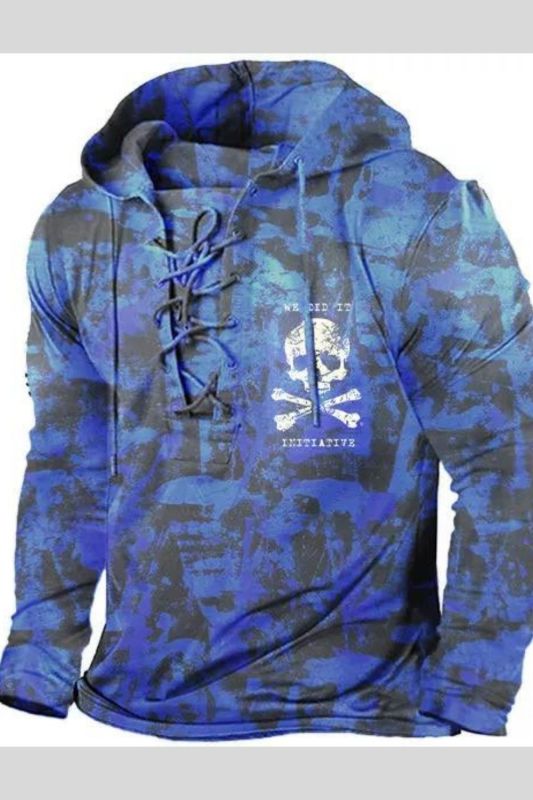 Men's Lace-Up Twisted Skull Print Camo Hoodies