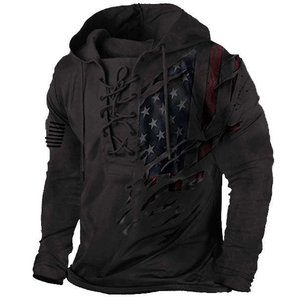 Mens Vintage American Flag Print Lace-Up Hooded Sweatshirt