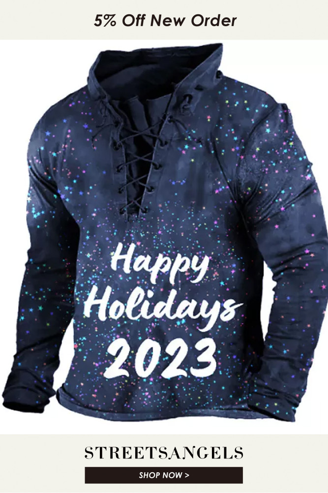 Mens Casual Star Christmas Letter Print Lace-Up Sweatshirt