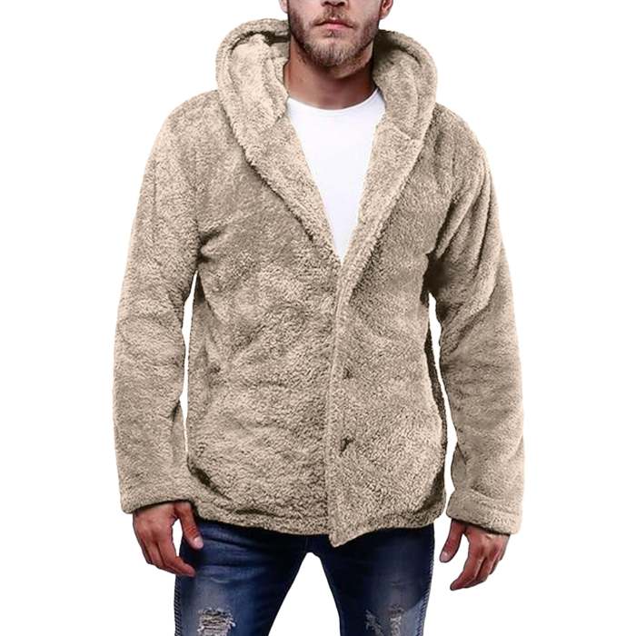 Mens Solid Color Super Soft Fuzzy Sherpa Hooded Jacket