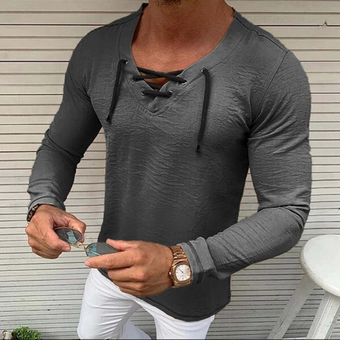 Men's Solid Color V-Neck Rope Long Sleeve T-Shirt