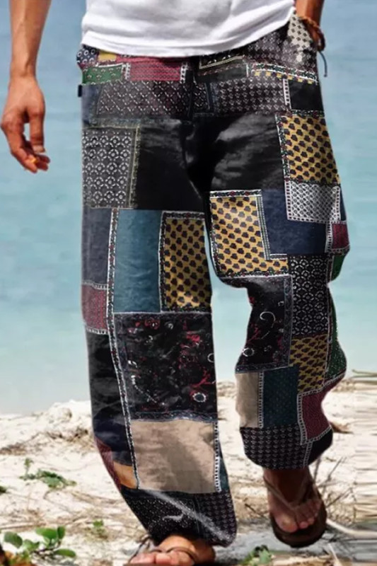 Men's Linen Western Ethnic Irregular Boho Print Double Pocket Stretch Loose Pants