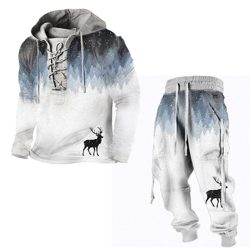 Men's Hoodie Pocket Lace Up Gradient Graphic Print Henley Shirt Two Pieces Trousers Pants Set