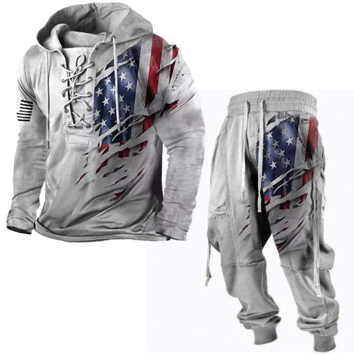 Mens Hooded Lace Up American Flag Graphic Print Sweatshirt Elastic Pants Two Piece Set