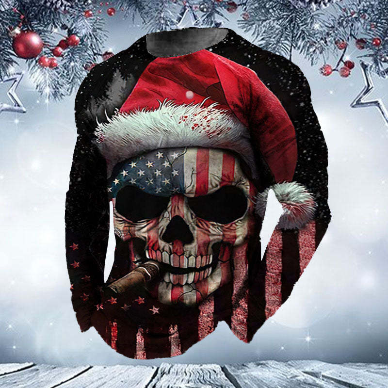 Men's Ugly Christmas American Flag Skull Printed Long Sleeve T-Shirt