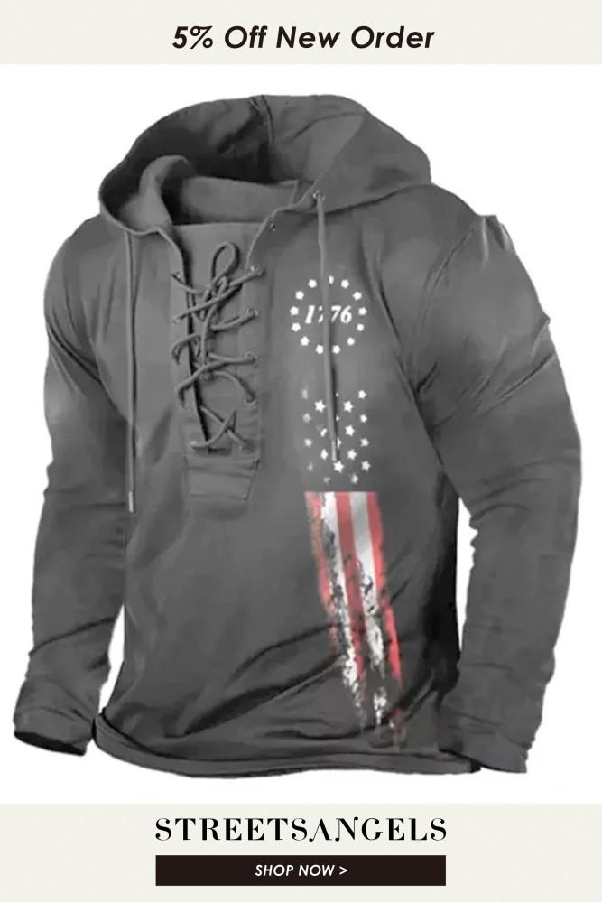 Mens Outdoor Vintage Tie National Flag Tactical Classic Long Sleeve Hooded