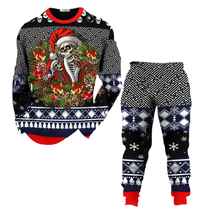 Men's Pullover Top Santa Christmas Skull Tribal Pattern Printed Long Sleeve Round Neck Shirt Pants Matching Set