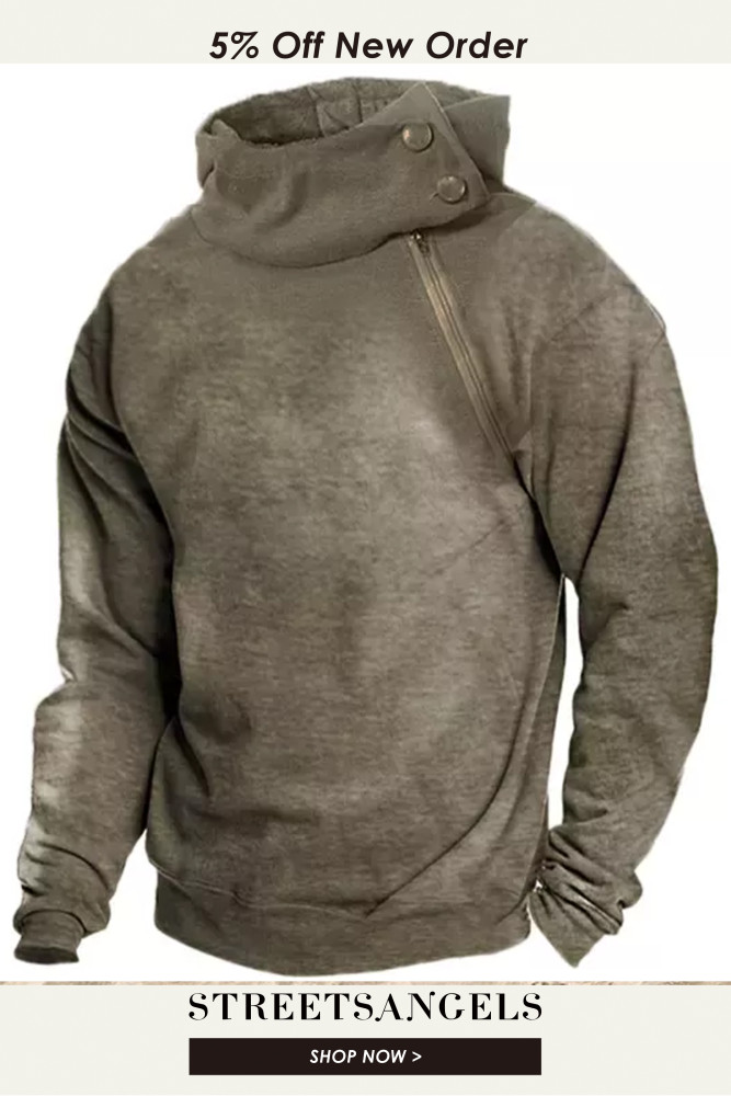 Men's Retro Solid Color Long Sleeve Button Stand Collar Casual Sweatshirt