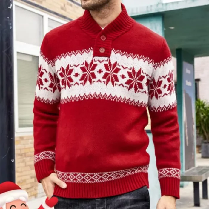 Men Ugly Christmas Sweater Button Collar Snowflake Graphic Long Sleeve Casual Pullover Crew Neck Knitted Sweater