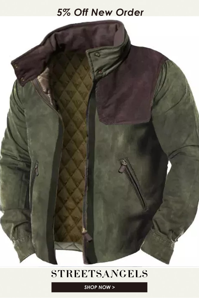 Men's Vintage Fleece Long Sleeve Patchwork Zipper Jacket