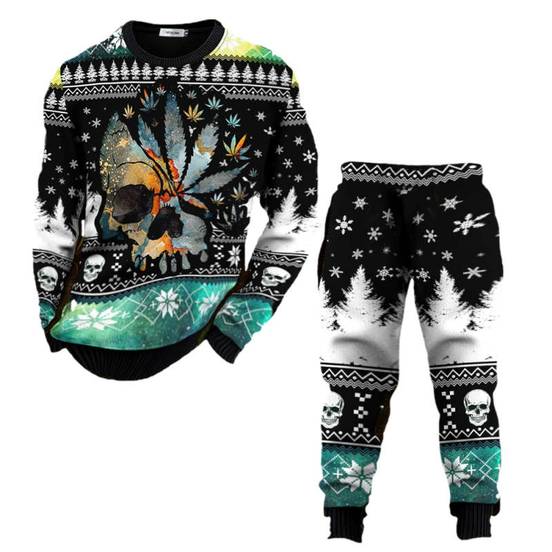 Men's Pullover Top Skull Leaf Tribal Graphic Printed Long Sleeve Round Neck Shirt Matching Pants Set
