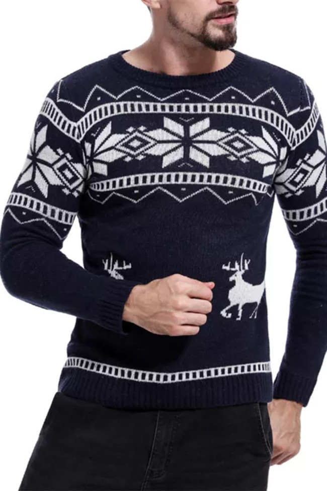 Men Ugly Christmas Sweater Elk Snow Printed Casual Pullover Crew Neck Knitted Sweater