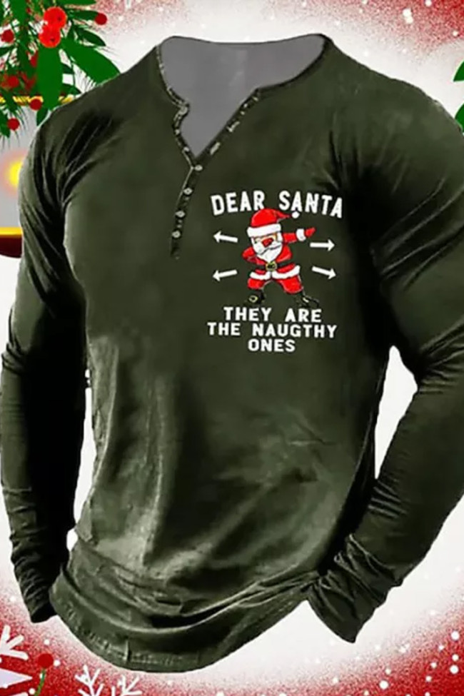 Mens Casual Long Sleeve Christmas Santa Print Henley Shirt