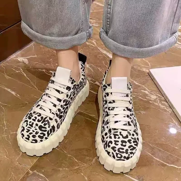 Women Leopard Print Lace-Up Platform Canvas Shoes