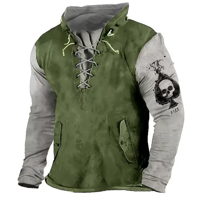 Mens Vintage 3D Skull Color Matching Tactical Lace-Up Hooded