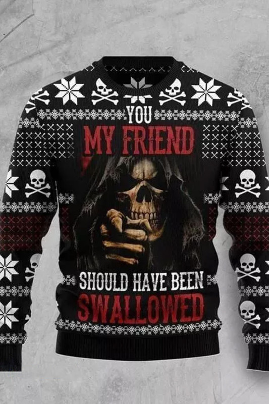 Men Ugly Christmas Sweater Skull Letter Christmas Graphic Vintage Pullover Crew Neck Knitted Sweater