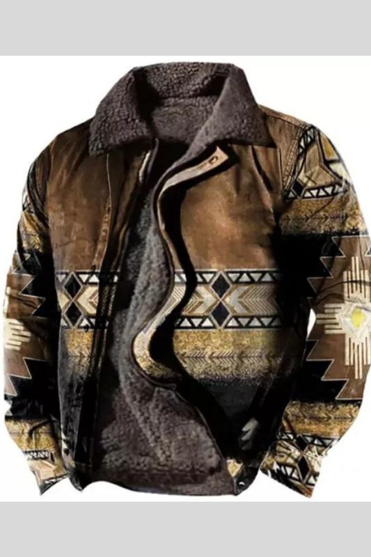 Men's Zipper Ethnic Print Turndown Collar Plush Double Layered Vintage Jacket