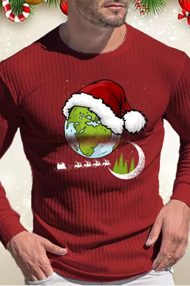 Mens Casual Christmas Earth Graphic Print Slim Ribbed Knit T Shirt