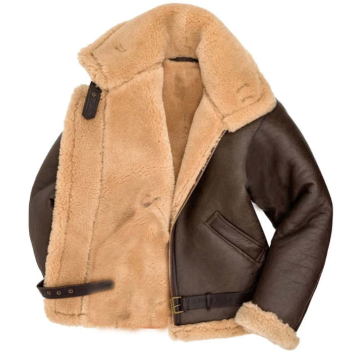 Mens Faux Leather Flight Bomber Jacket Shearling Thick Fur Coat