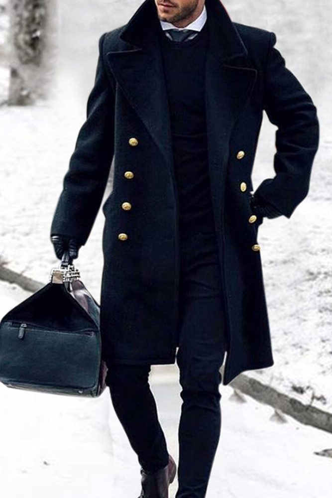 Casual Long Solid Color Men's Coat Men's Double Breasted Thick Wool Coat