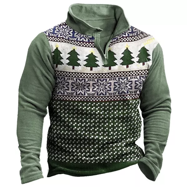 Men Christmas Shirt All Over Print Zipper Stand Collar Vintage Label Sweatshirt