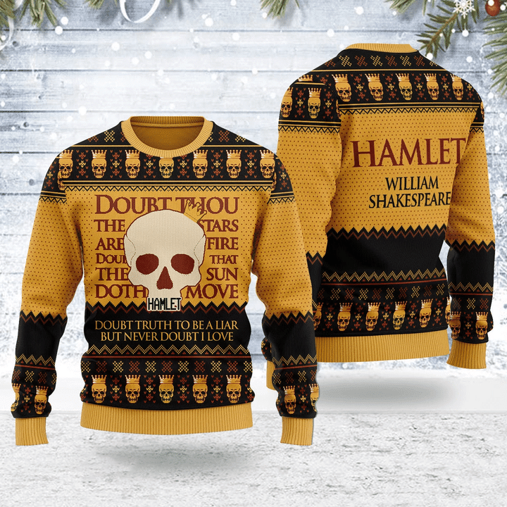 Men Ugly Christmas Sweater Skull Letter Hamlet Graphic Pullover Crew Neck Knitted Sweater