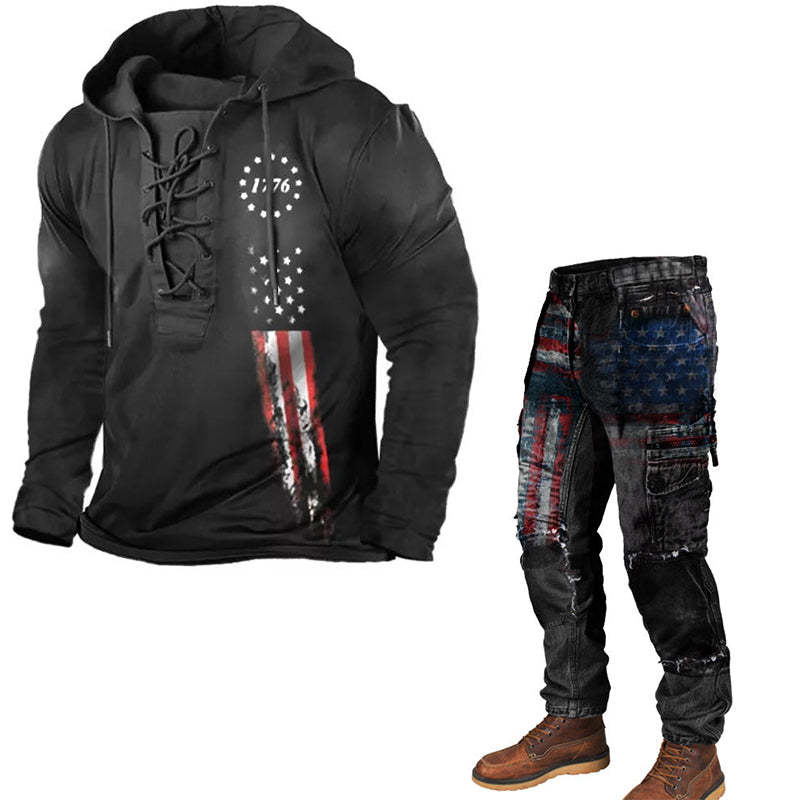 Men's Retro Hoodie Pocket Lace Up Print Henley Shirt Trousers Pants Matching Set