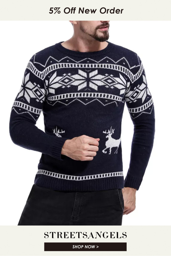 Men Ugly Christmas Sweater Elk Snow Printed Casual Pullover Crew Neck Knitted Sweater