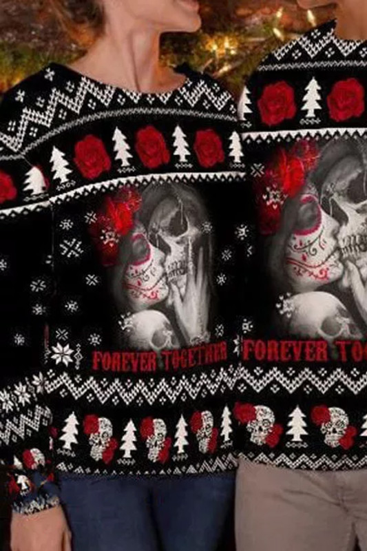 Men Ugly Christmas Sweater Skull Couple Together Forever Print Casual  Pullover Crew Neck Knitted Sweater
