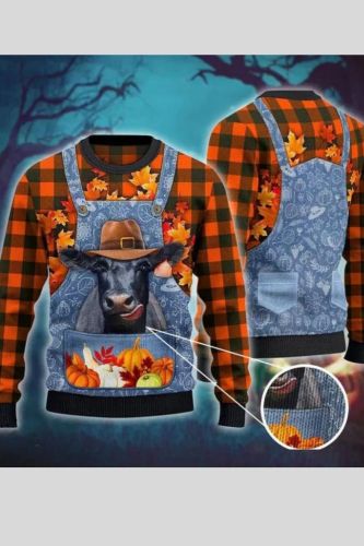 Men Ugly Christmas Sweater Fake Two-Piece Angus Cattle Plaid Vintage Pullover Knitted Sweater