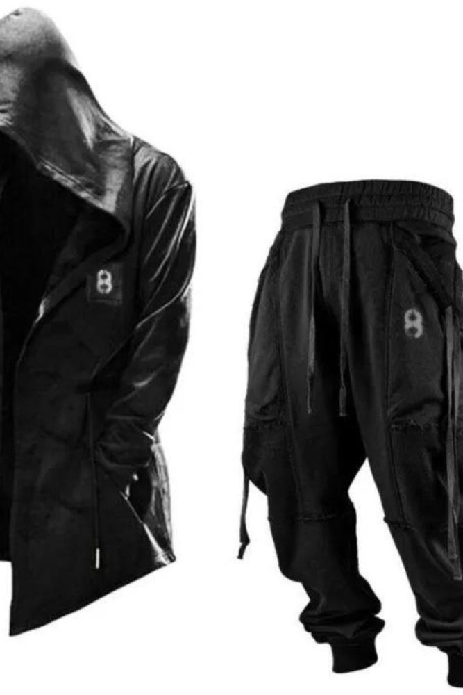 Men's Outerwear Stand Collar Zipper Pocket Letter Print Hooded Coat Two Pieces Pants Set