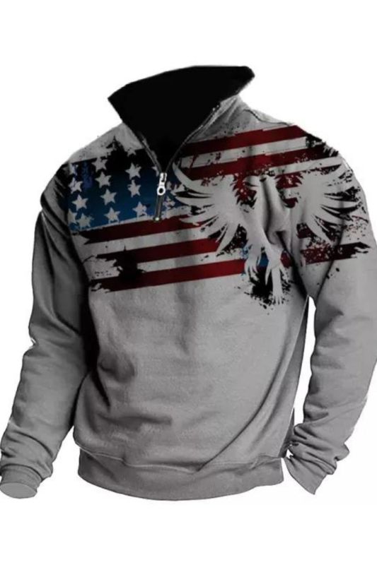 Men's Vintage Shirt American Flag Print Colorblock Half Zipper Plush Turtleneck Sweatshirt